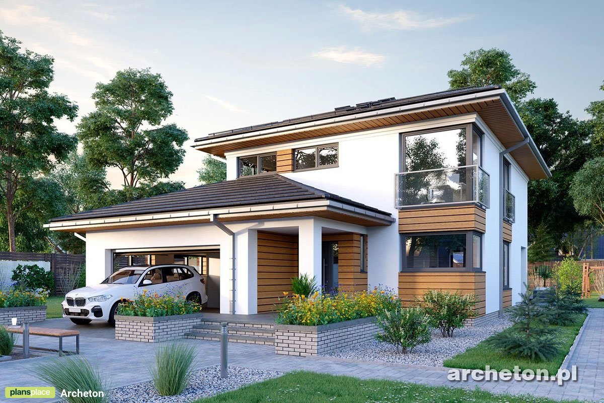 2-Story House Plan with Garage Extension Forward and Hip Roof