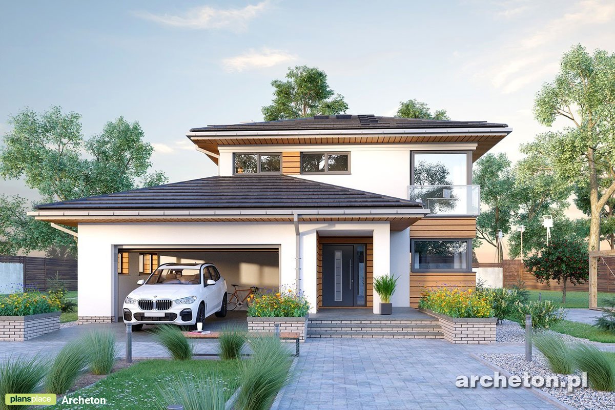 2-Story House Plan with Garage Extension Forward and Hip Roof