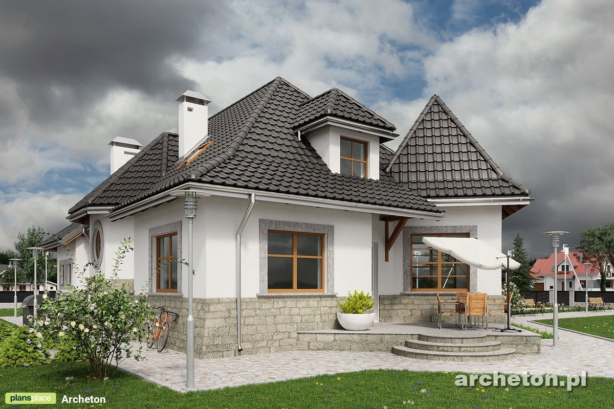 Castle House Plan with Portico, Home Office and 1-Car Garage