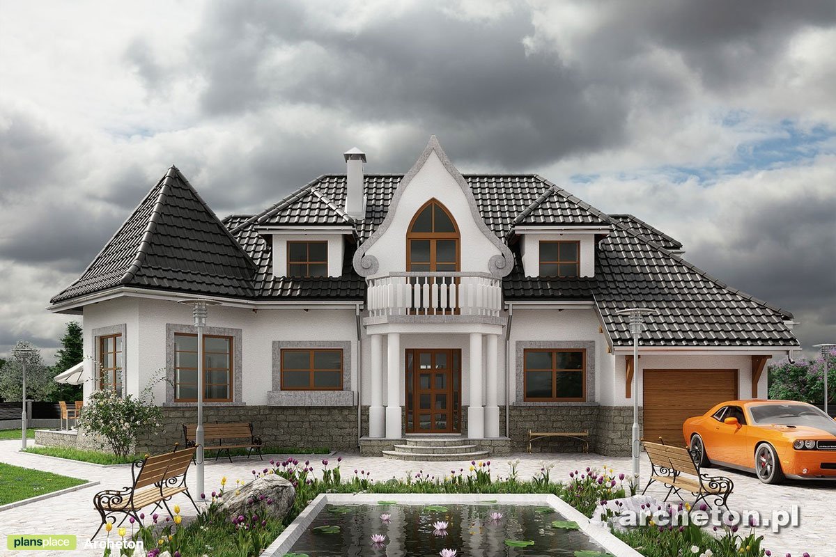 Castle House Plan with Portico, Home Office and 1-Car Garage