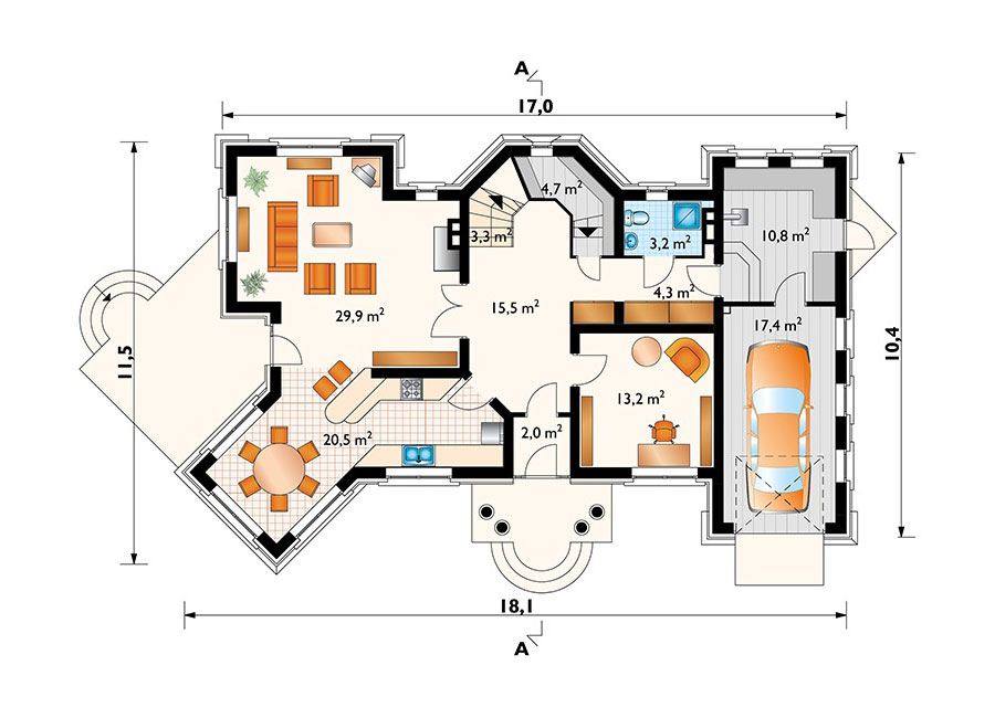Castle House Plan with Portico, Home Office and 1-Car Garage