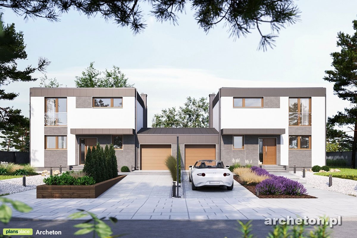 2-Story Duplex Plan with Flat Roof and 1-Car Garage