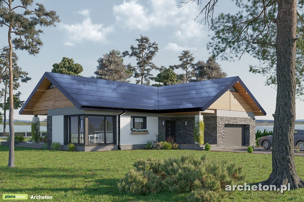 One-story T-Shaped House Plan with 3 Gables and Gable Roof 