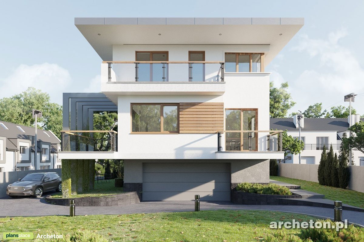 2-Story Flat Roof House Plan with Basement Garage