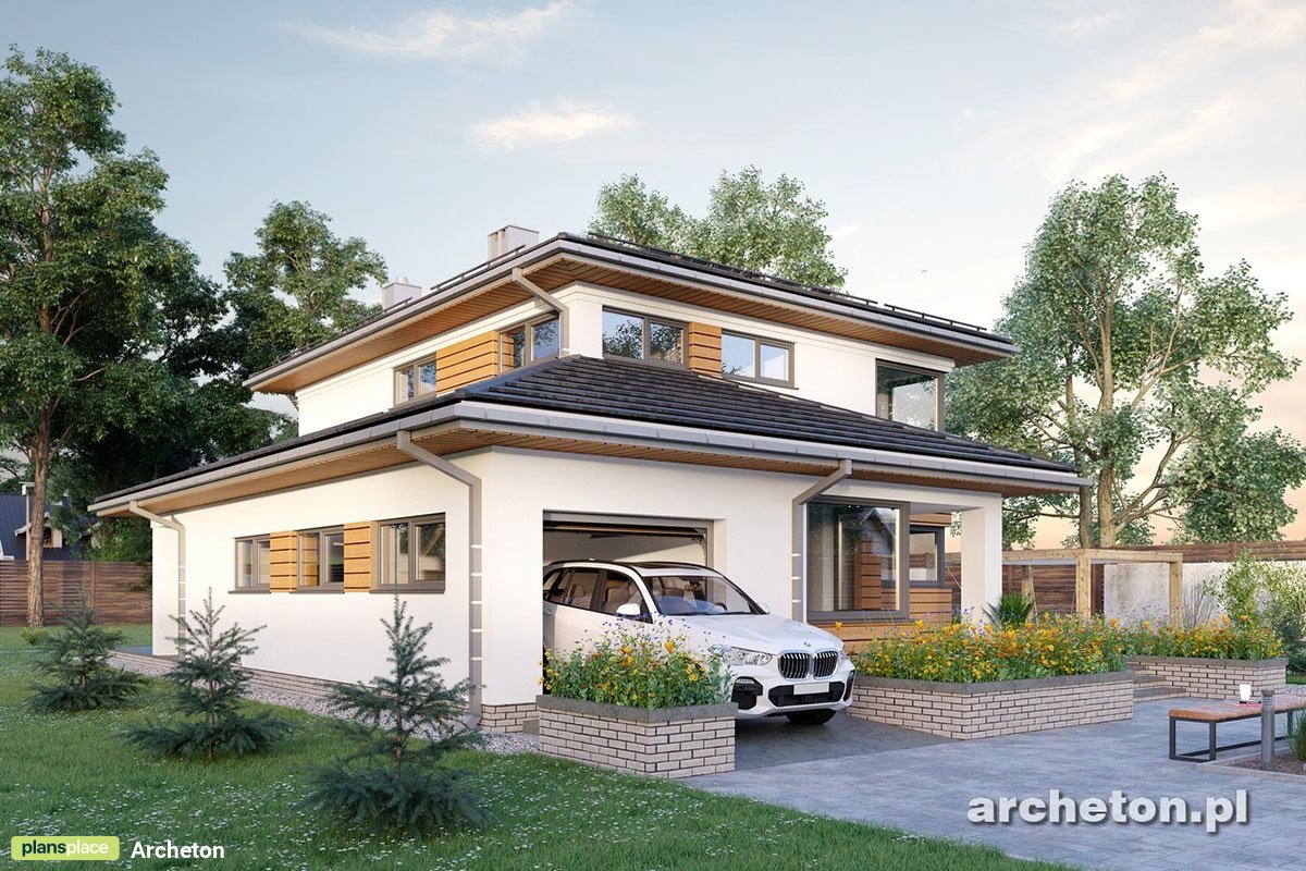 2-Story Hip Roof House Plan with Corner Fireplace and Garage