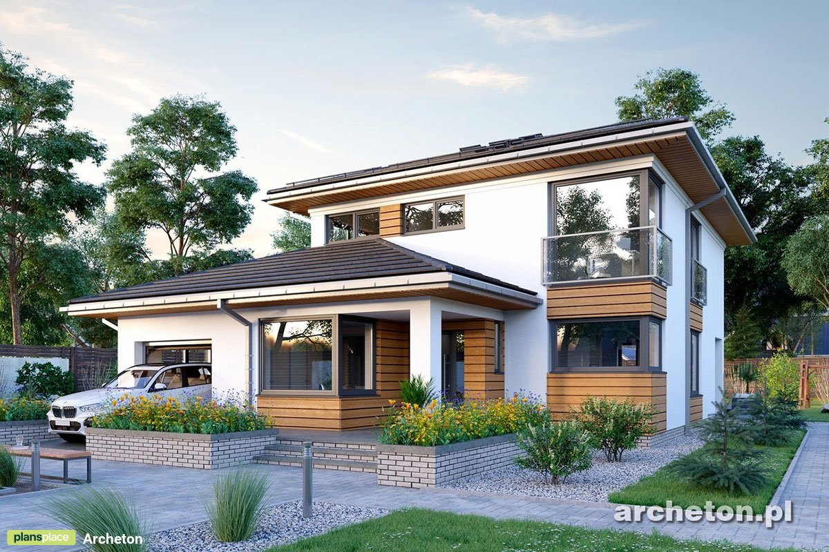 2-Story Hip Roof House Plan with Corner Fireplace and Garage