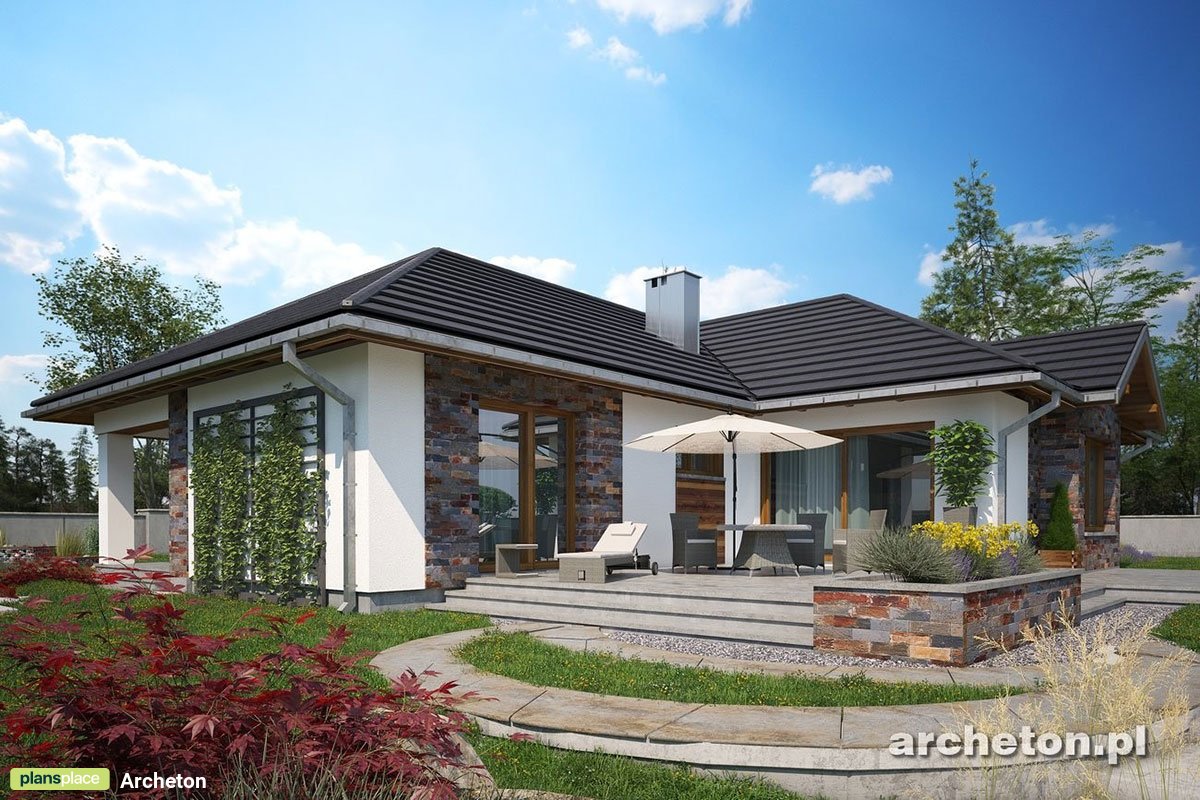 One-Story T-Shaped House Plan with Open Concept Kitchen