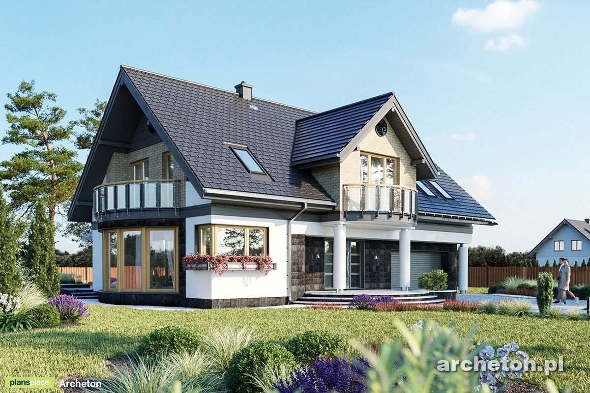 2300 Sq Ft House Plan with Four Gables and 3 Rounded Balconies