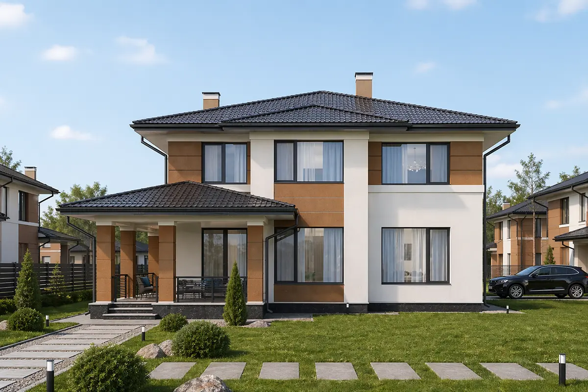 Proiect de casa cu etaj 184 m²: 5 Dormitoare, 3 Bai, Bucatarie deschisa, fara Garaj