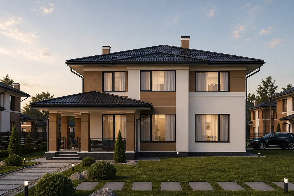 Proiect de casa cu etaj 184 m²: 5 Dormitoare, 3 Bai, Bucatarie deschisa, fara Garaj