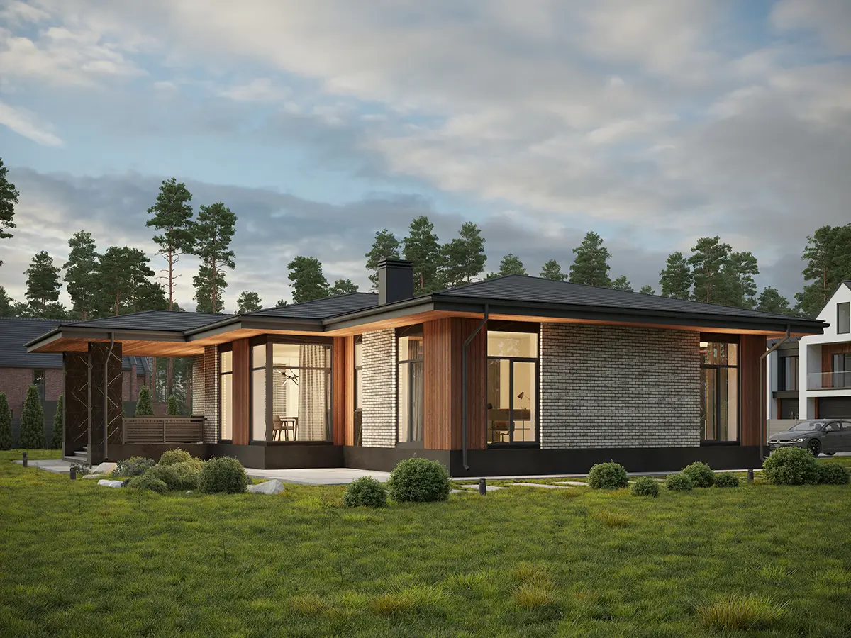 Proiect de casa parter 154 m²: 3 Dormitoare, 2 Bai, Bucatarie deschisa, fara Garaj