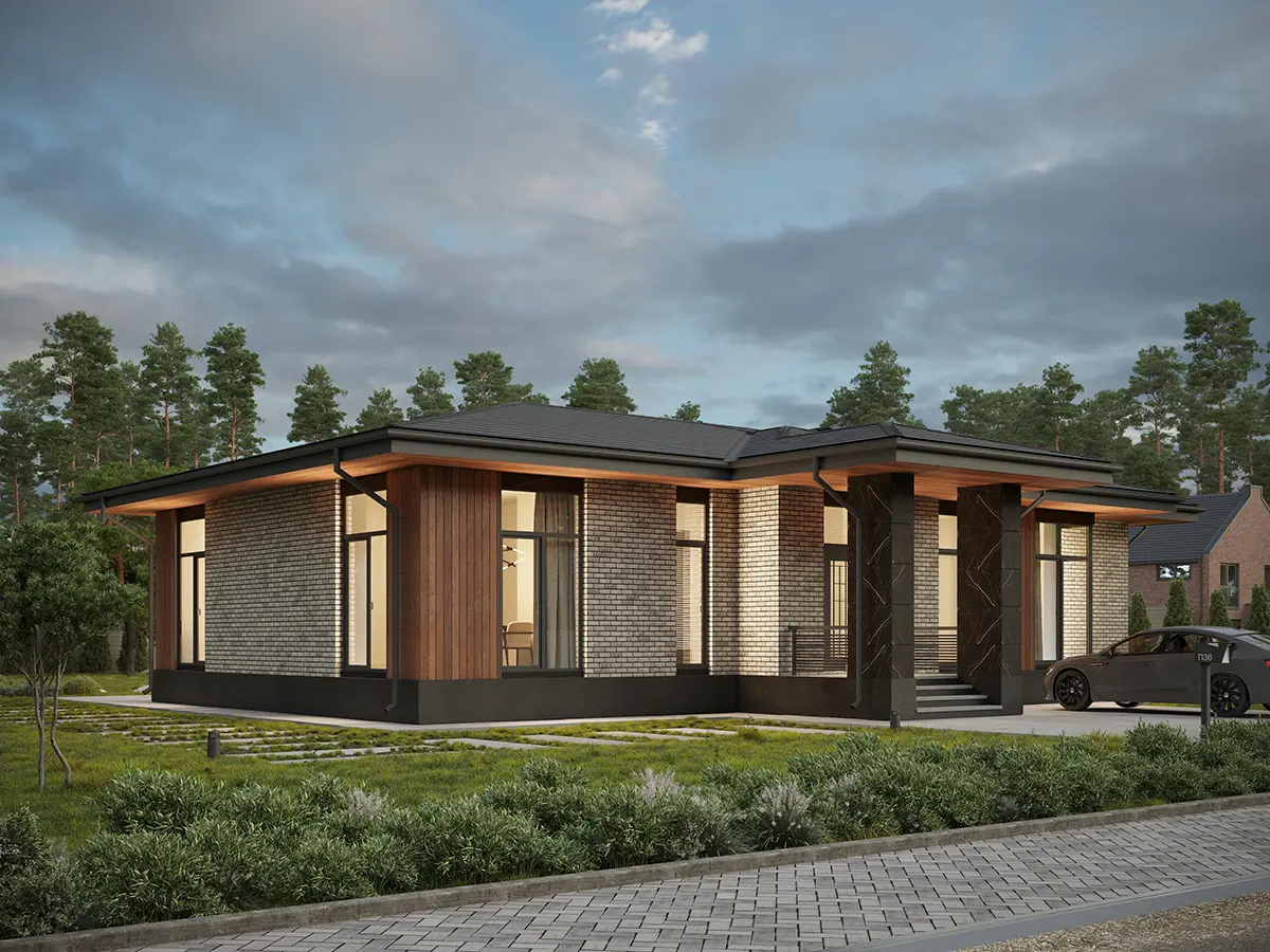 Proiect de casa parter 154 m²: 3 Dormitoare, 2 Bai, Bucatarie deschisa, fara Garaj