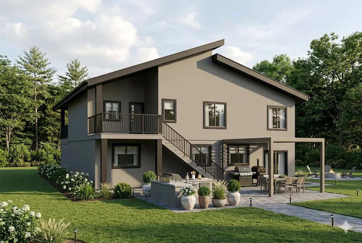 Proiect de casa cu etaj 303 m²: 5 Dormitoare, Birou, 4 Bai, Bucatarie deschisa, Garaj