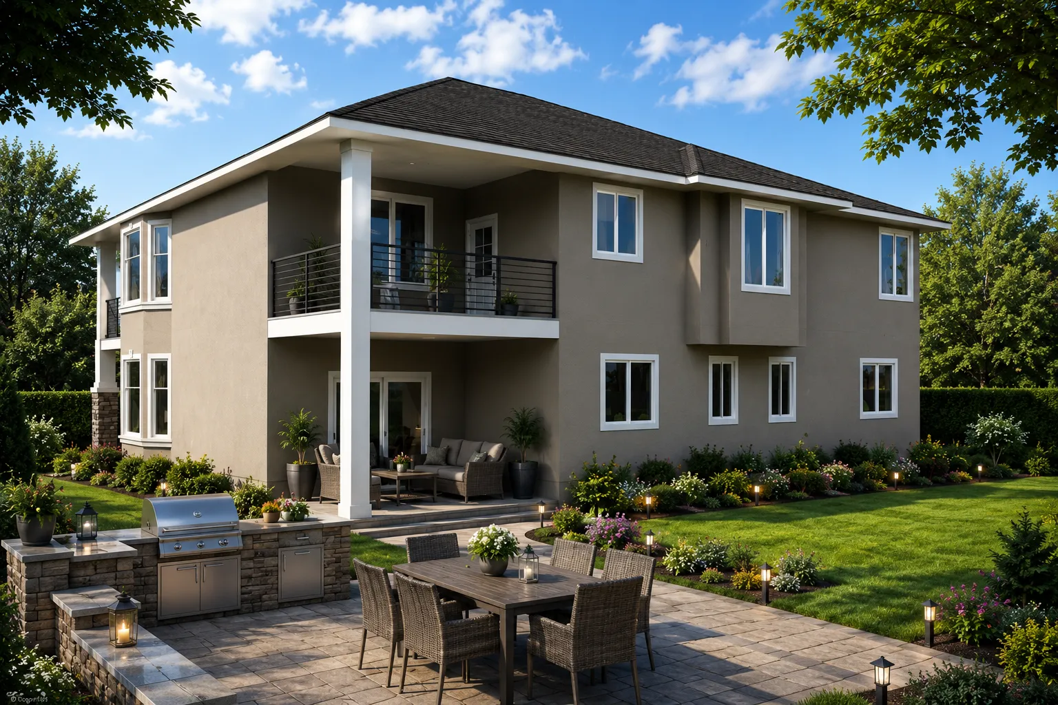 Proiect de casa cu etaj 330 m²: 4 Dormitoare, 3 Bai, Bucatarie deschisa, Garaj