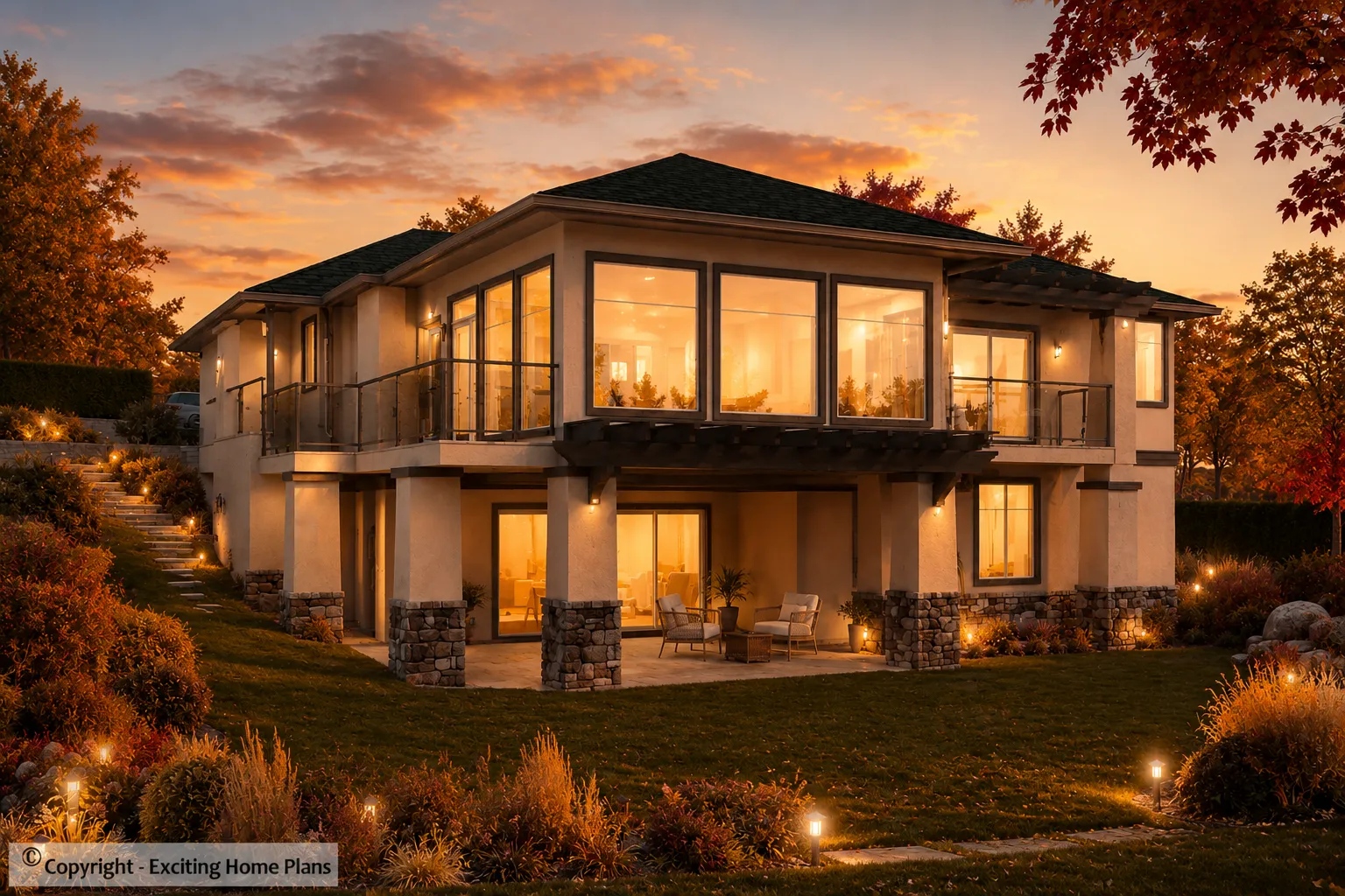 Proiect de casa parter + demisol 459 m²: 3 Dormitoare, Birou, 4 Bai, Bucatarie deschisa, Garaj