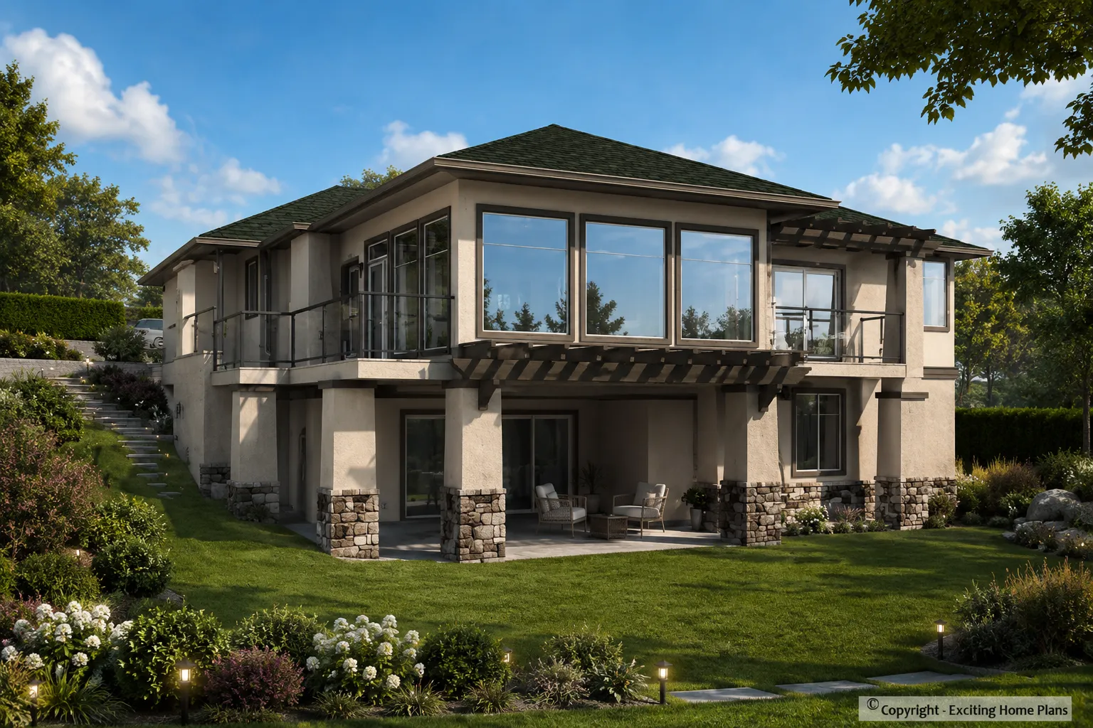 Proiect de casa parter + demisol 459 m²: 3 Dormitoare, Birou, 4 Bai, Bucatarie deschisa, Garaj