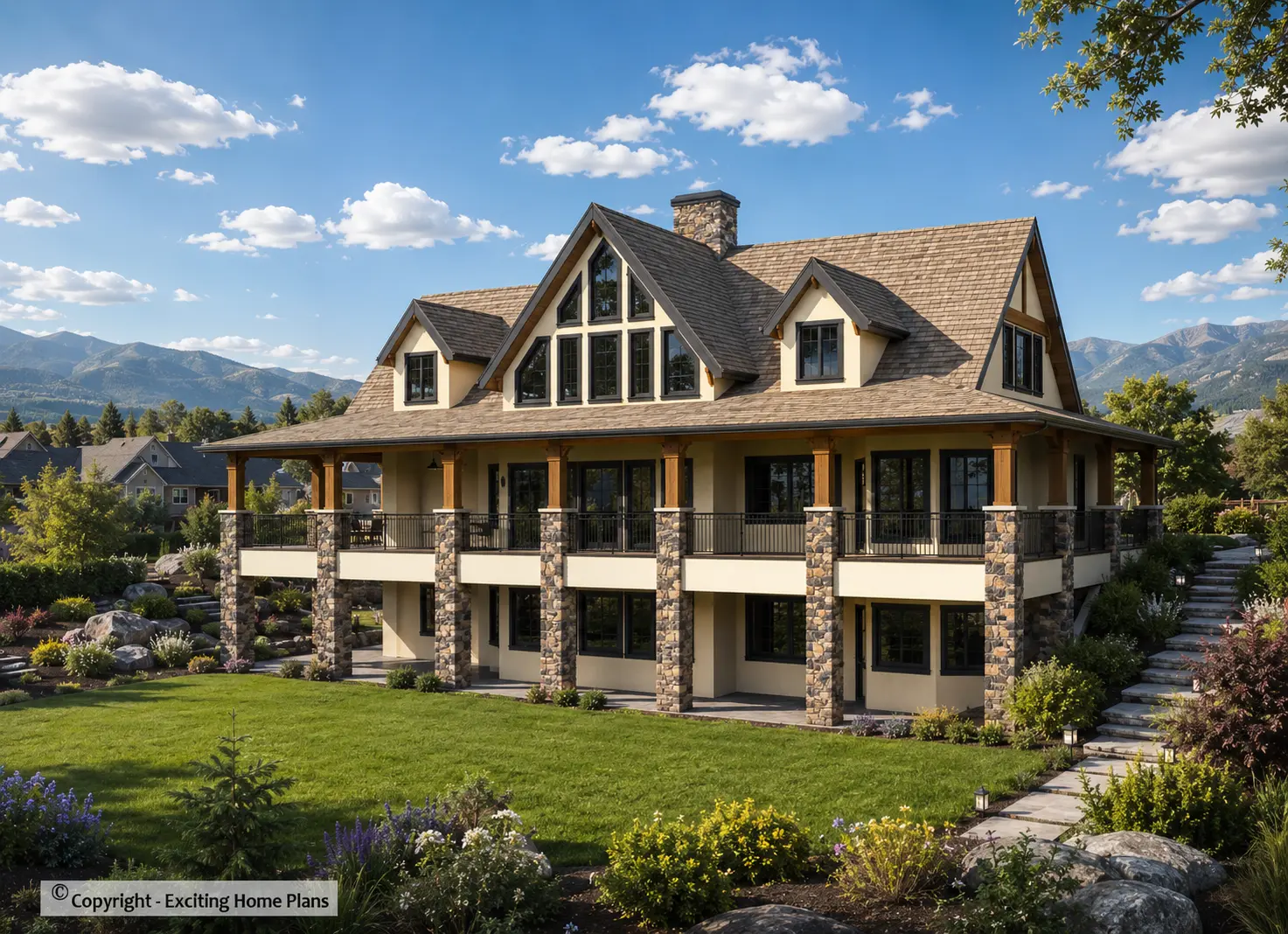 Proiect de casa parter cu mansardă + demisol 754 m²: 4 Dormitoare, Birou, 5 Bai, Bucatarie deschisa, Garaj