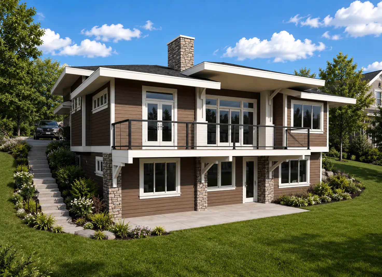Proiect de casa parter + demisol 304 m²: 3 Dormitoare, Birou, 3 Bai, Garaj