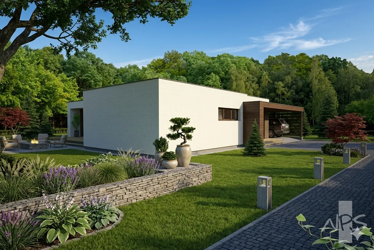 Proiect de casa parter 108 m²: 2 Dormitoare, Birou, 1 Bai, Bucatarie deschisa, fara Garaj