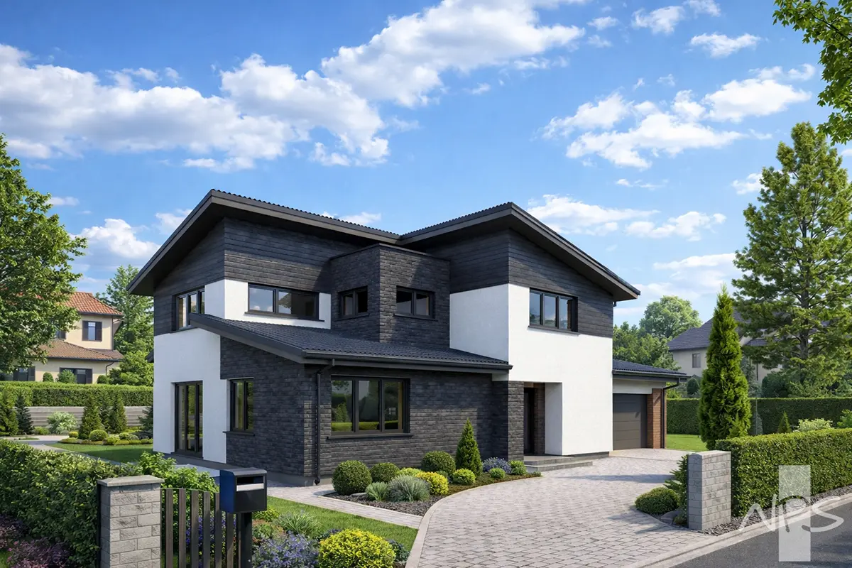 Proiect de casa cu etaj 194 m²: 3 Dormitoare, Birou, 2 Bai, Garaj