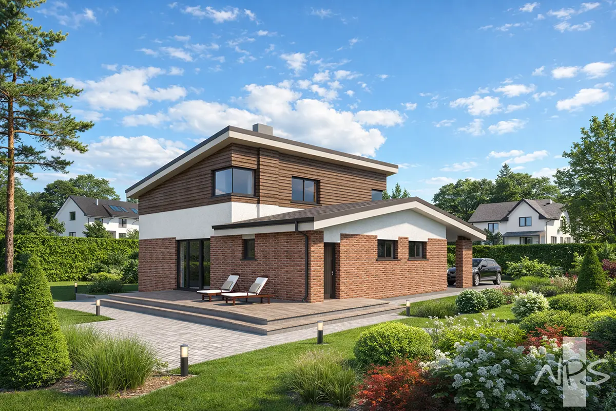 Proiect de casa cu etaj 157 m²: 3 Dormitoare, 2 Bai, Bucatarie deschisa, Garaj