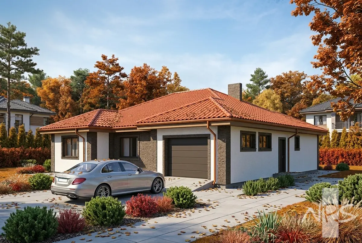 Proiect de casa parter 161 m²: 3 Dormitoare, Birou, 2 Bai, Garaj
