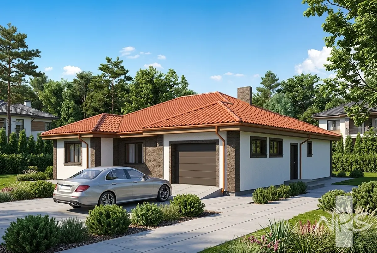 Proiect de casa parter 161 m²: 3 Dormitoare, Birou, 2 Bai, Garaj