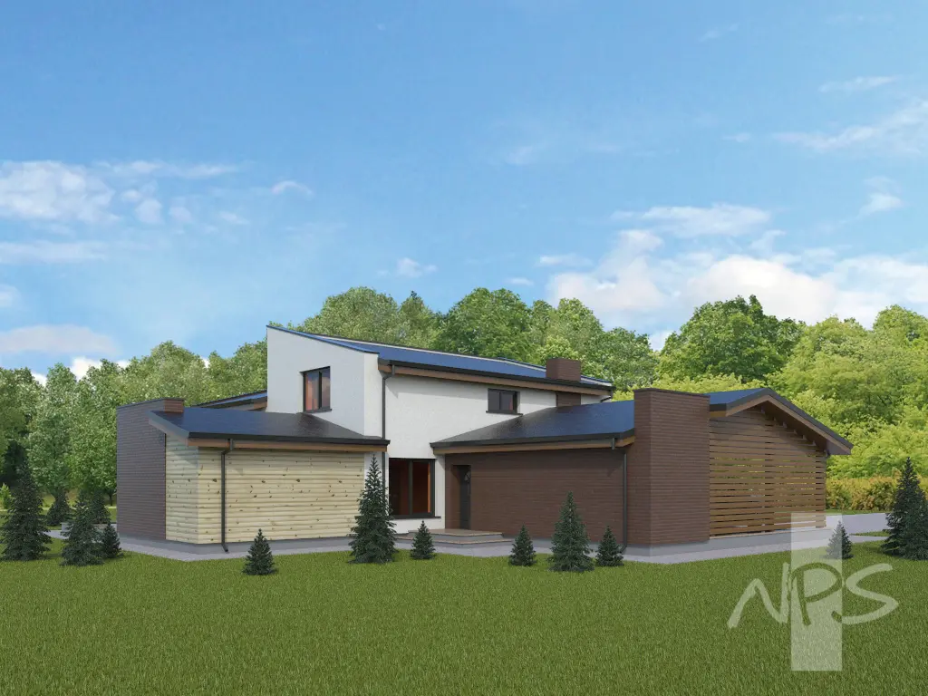 Proiect de casa cu etaj 215 m²: 2 Dormitoare, Birou, 3 Bai, Bucatarie deschisa, Garaj