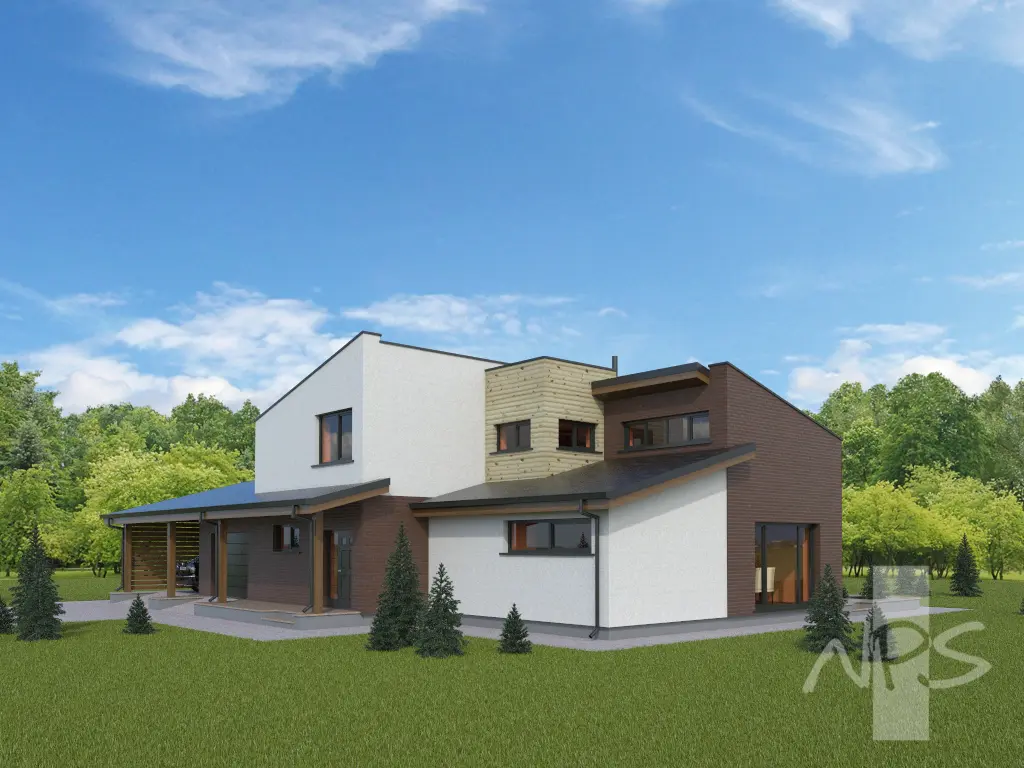 Proiect de casa cu etaj 215 m²: 2 Dormitoare, Birou, 3 Bai, Bucatarie deschisa, Garaj