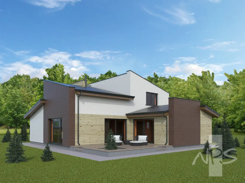 Proiect de casa cu etaj 215 m²: 2 Dormitoare, Birou, 3 Bai, Bucatarie deschisa, Garaj