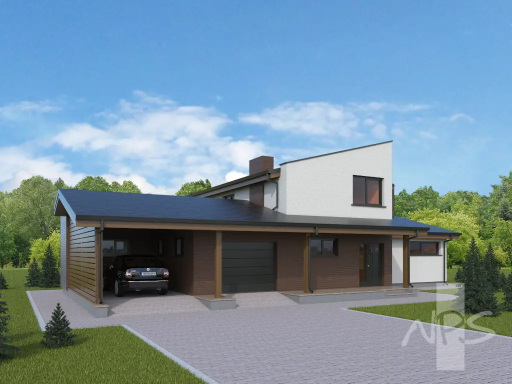 Proiect de casa cu etaj 215 m²: 2 Dormitoare, Birou, 3 Bai, Bucatarie deschisa, Garaj