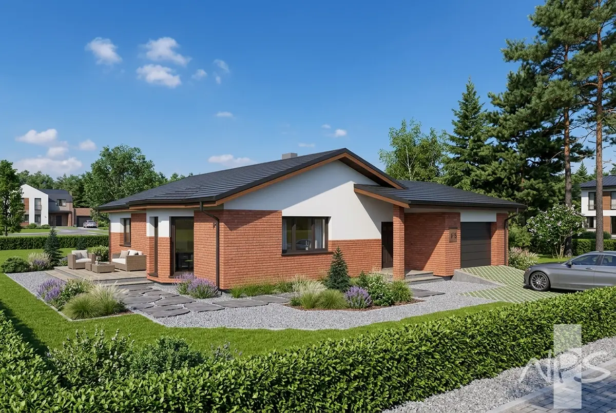 Proiect de casa parter 146 m²: 3 Dormitoare, 2 Bai, Bucatarie deschisa, Garaj