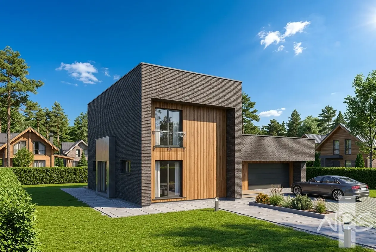 Proiect de casa 183 m²: 2 Parter, 2 Dormitoare, 2 Bai, Bucatarie deschisa, Garaj