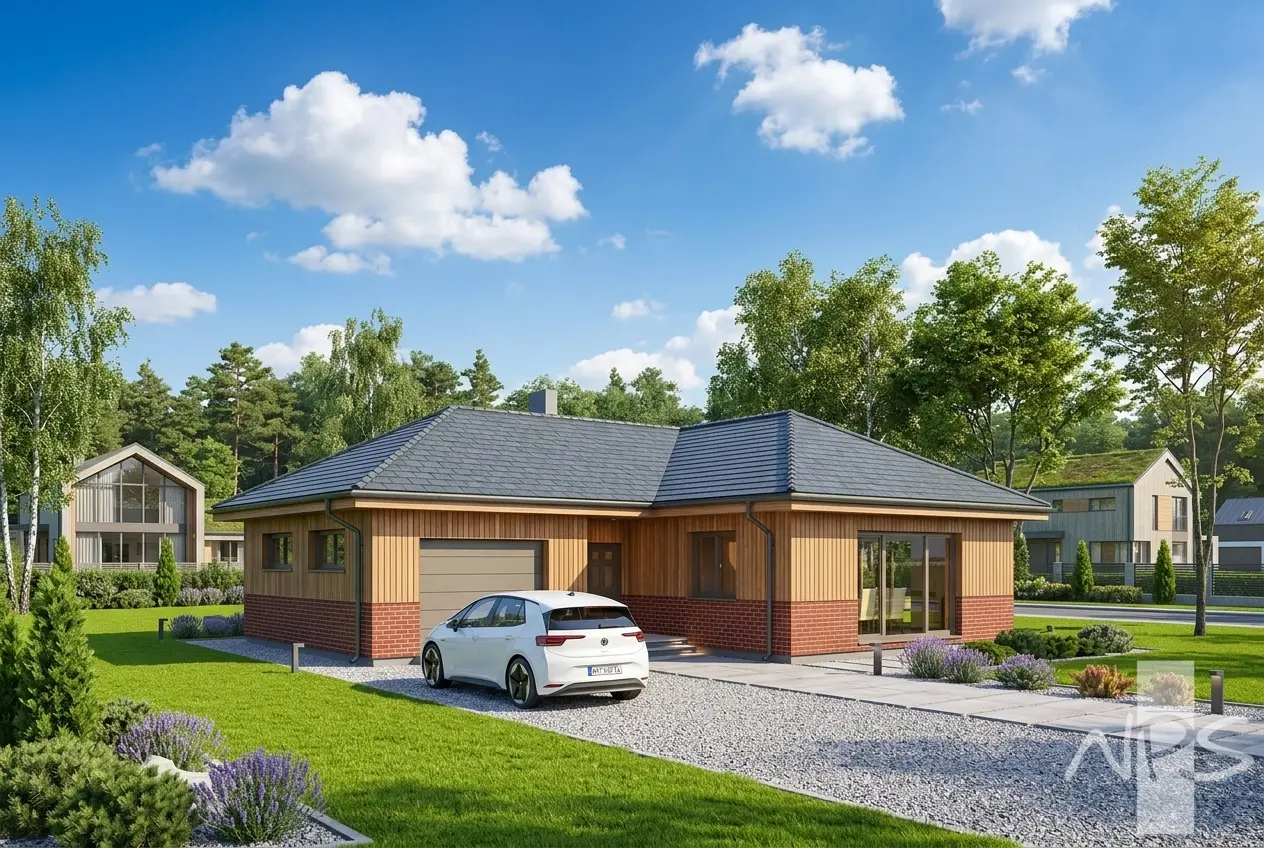 Proiect de casa parter 133 m²: 3 Dormitoare, 1 Bai, Bucatarie deschisa, Garaj