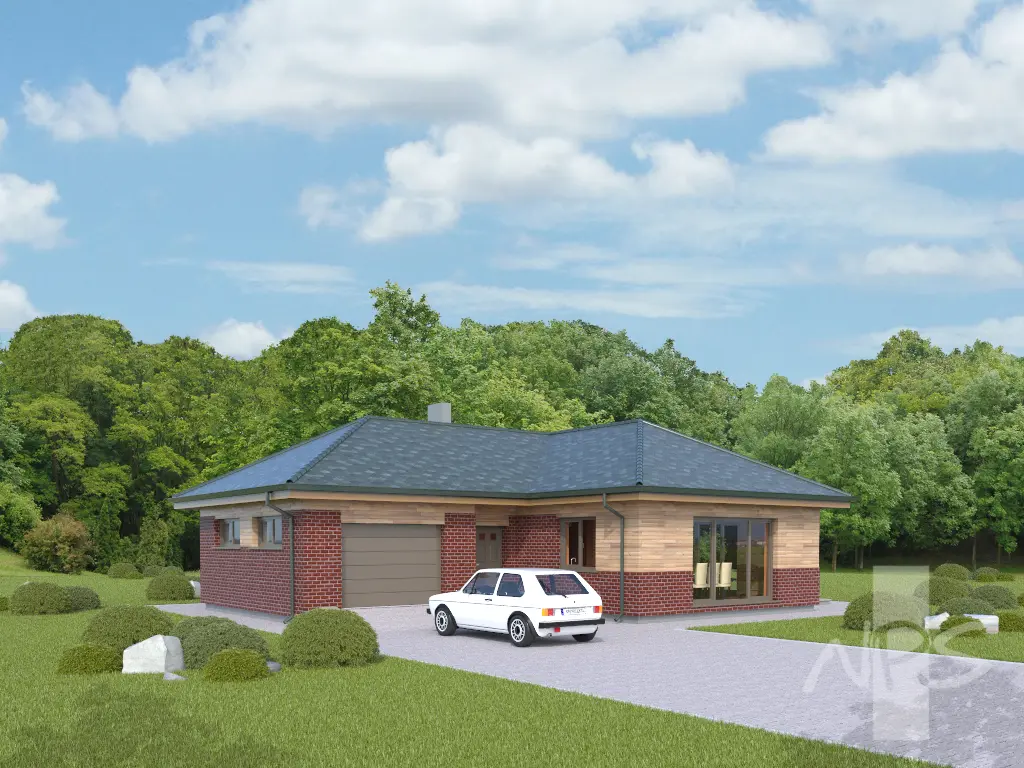 Proiect de casa parter 133 m²: 3 Dormitoare, 1 Bai, Bucatarie deschisa, Garaj