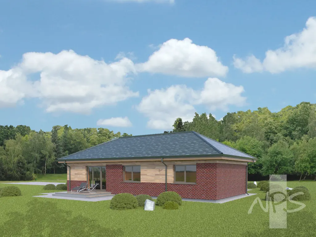 Proiect de casa parter 133 m²: 3 Dormitoare, 1 Bai, Bucatarie deschisa, Garaj