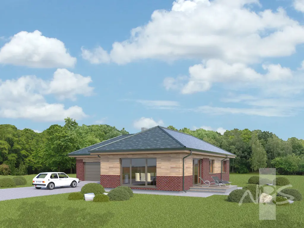 Proiect de casa parter 133 m²: 3 Dormitoare, 1 Bai, Bucatarie deschisa, Garaj