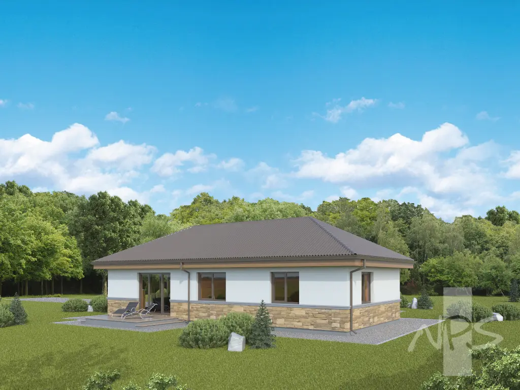 Proiect de casa parter 135 m²: 3 Dormitoare, 2 Bai, Bucatarie deschisa, Garaj