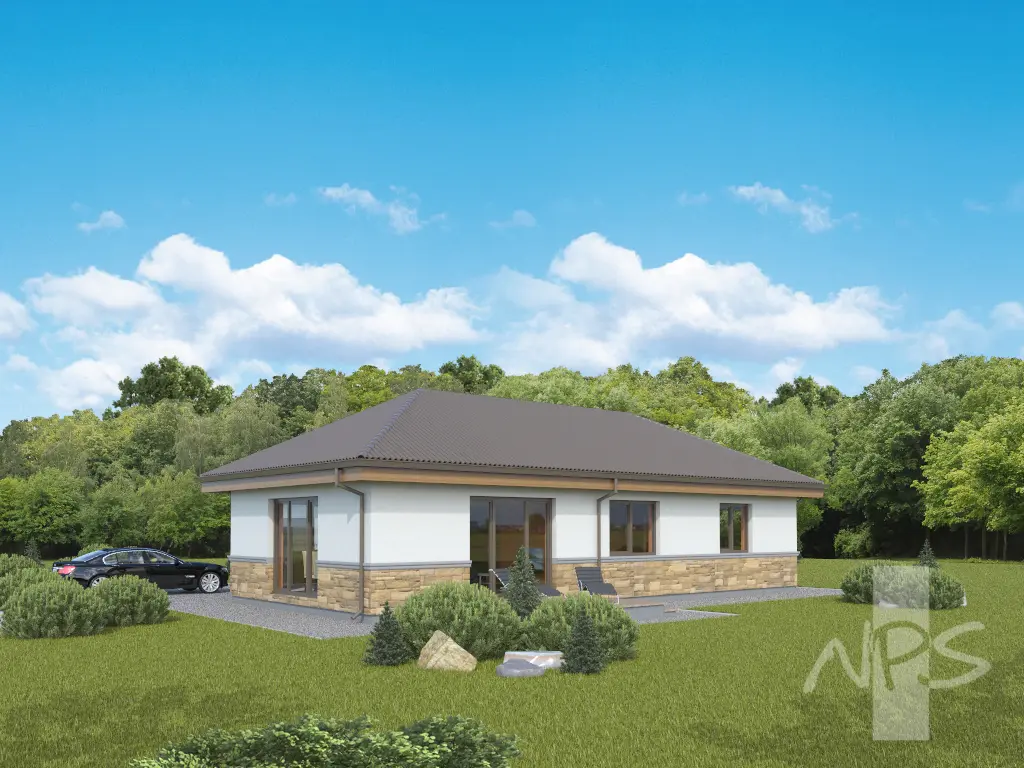 Proiect de casa parter 135 m²: 3 Dormitoare, 2 Bai, Bucatarie deschisa, Garaj