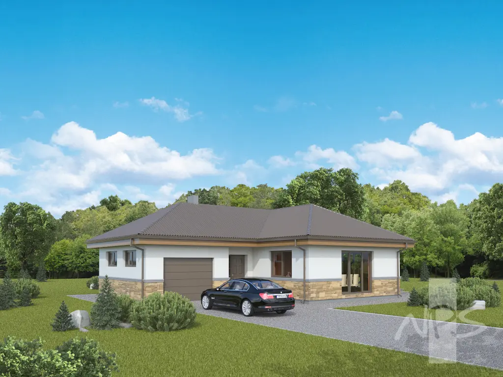 Proiect de casa parter 135 m²: 3 Dormitoare, 2 Bai, Bucatarie deschisa, Garaj