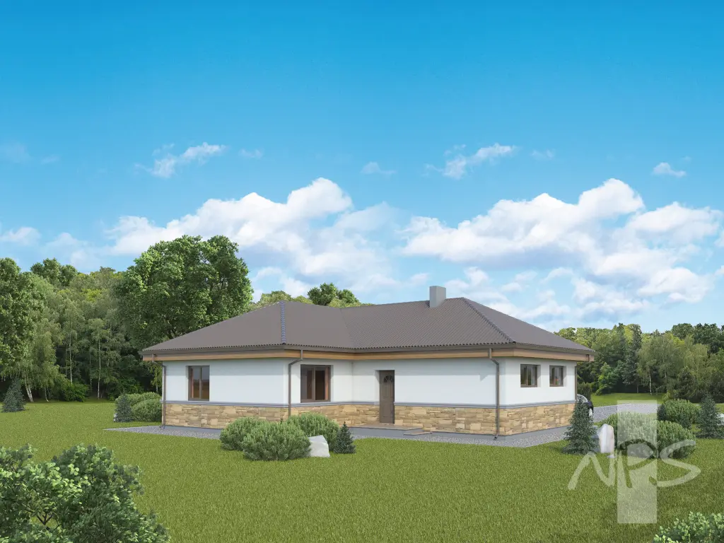 Proiect de casa parter 135 m²: 3 Dormitoare, 2 Bai, Bucatarie deschisa, Garaj