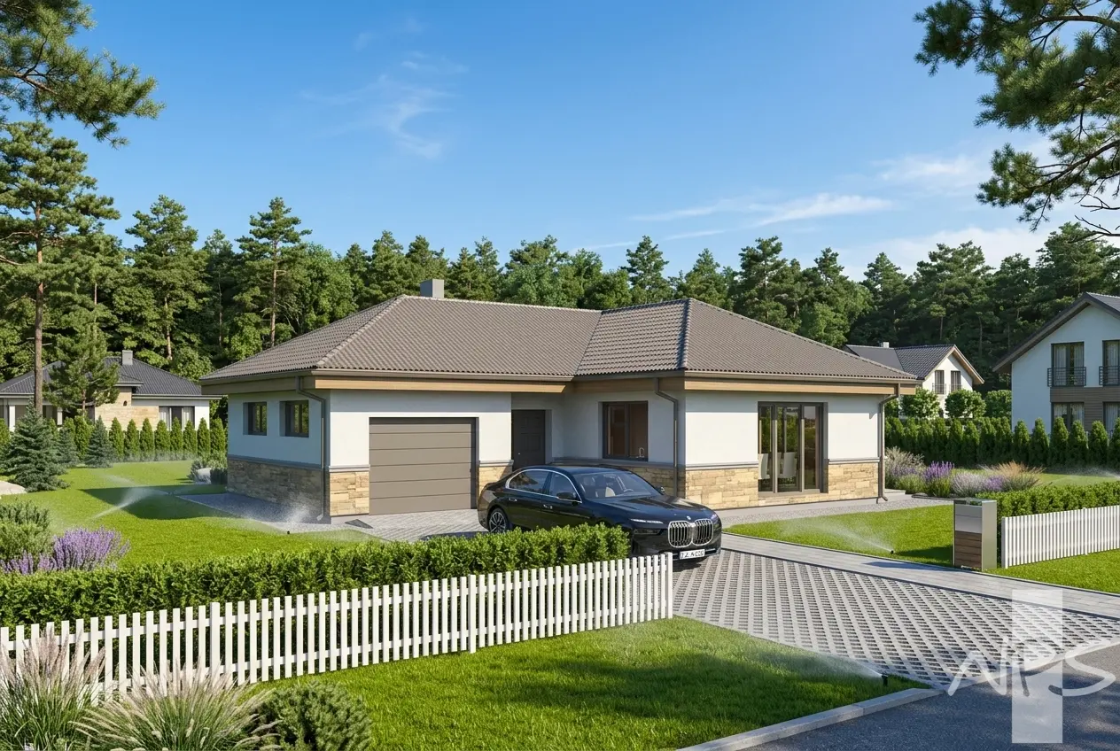 Proiect de casa parter 135 m²: 3 Dormitoare, 2 Bai, Bucatarie deschisa, Garaj