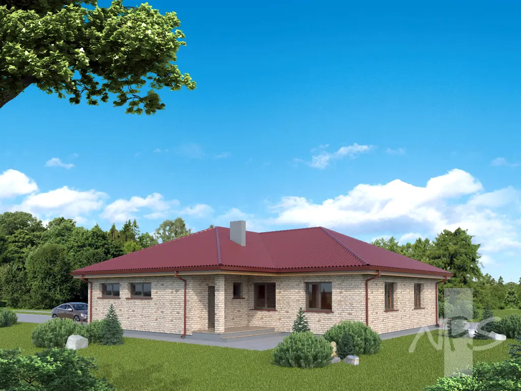 Proiect de casa parter 213 m²: 2 Dormitoare, Birou, 2 Bai, Garaj