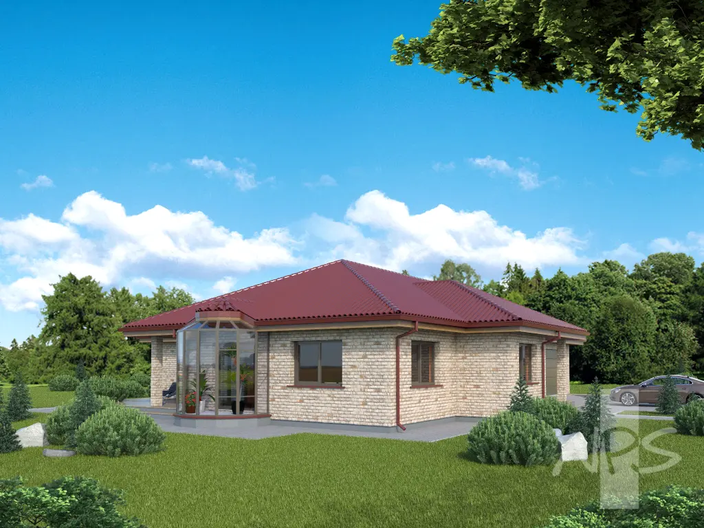 Proiect de casa parter 213 m²: 2 Dormitoare, Birou, 2 Bai, Garaj