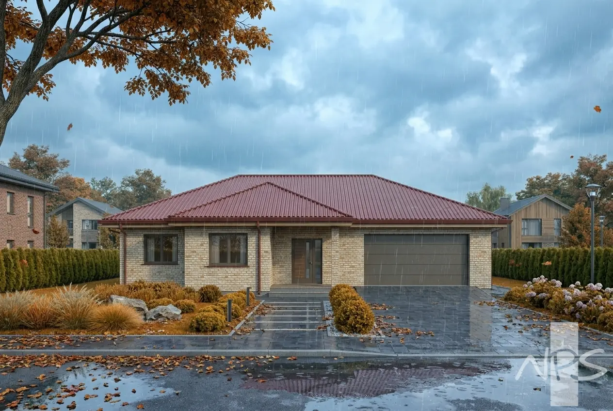 Proiect de casa parter 213 m²: 2 Dormitoare, Birou, 2 Bai, Garaj