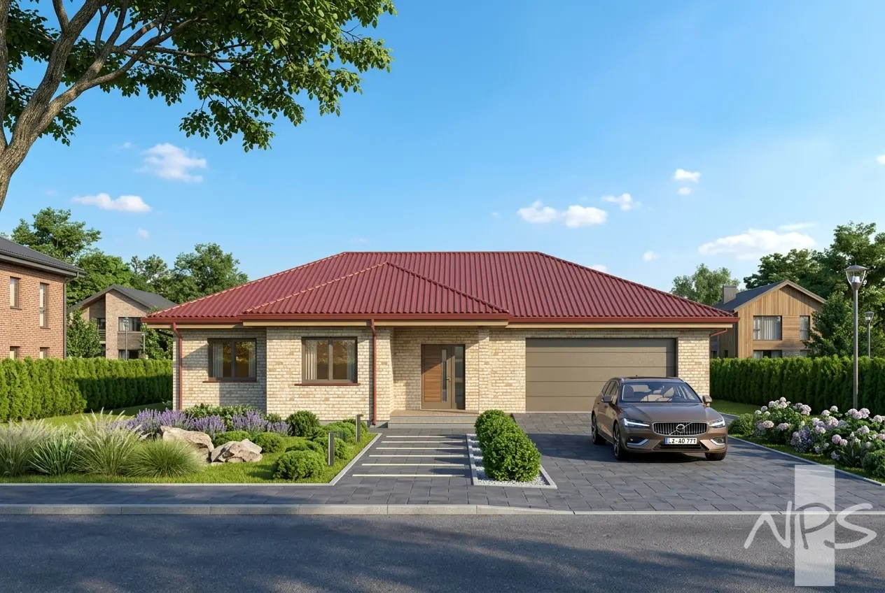 Proiect de casa parter 213 m²: 2 Dormitoare, Birou, 2 Bai, Garaj