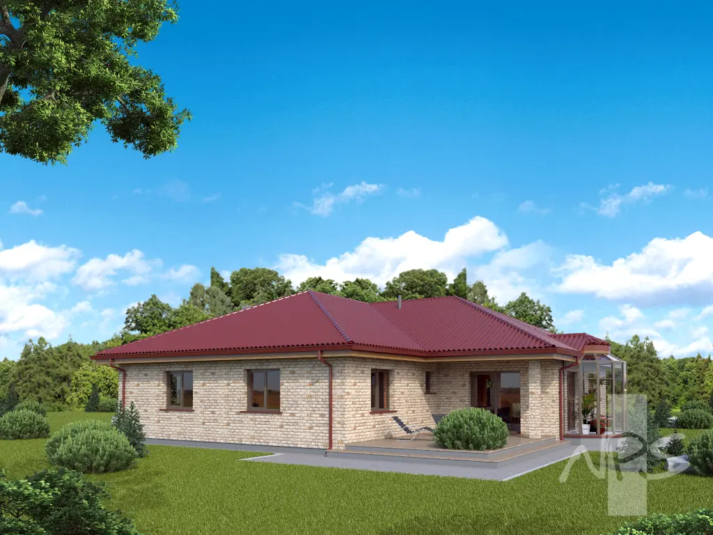 Proiect de casa parter 213 m²: 2 Dormitoare, Birou, 2 Bai, Garaj