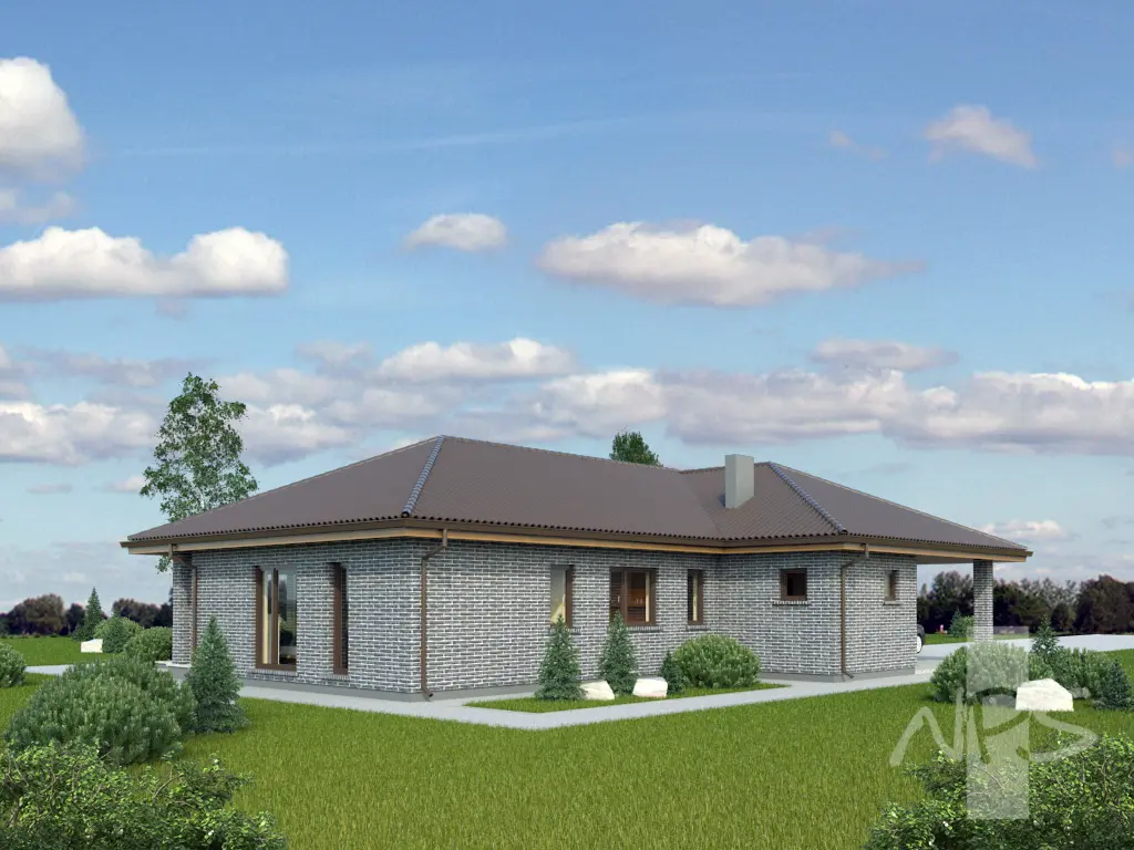 Proiect de casa parter 186 m²: 3 Dormitoare, Birou, 2 Bai, Bucatarie deschisa, fara Garaj