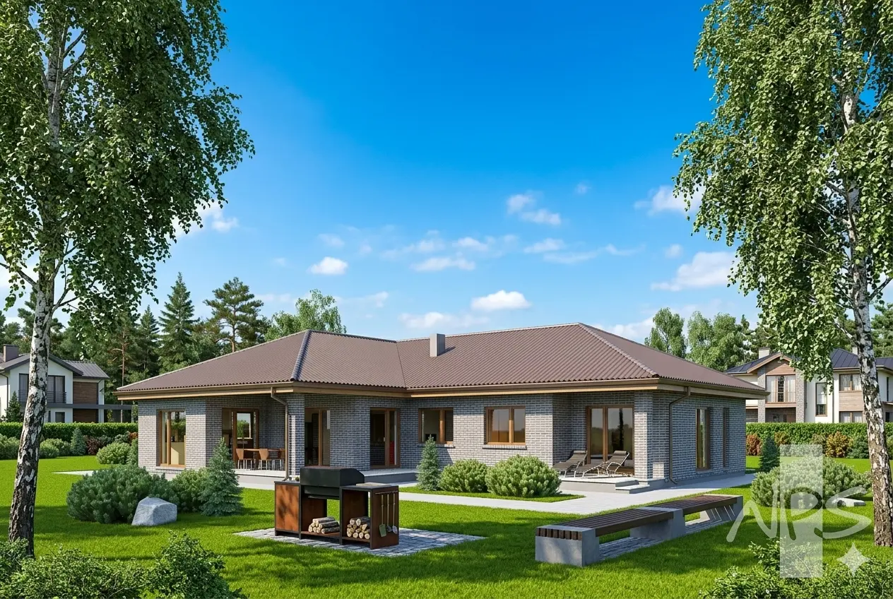 Proiect de casa parter 186 m²: 3 Dormitoare, Birou, 2 Bai, Bucatarie deschisa, fara Garaj