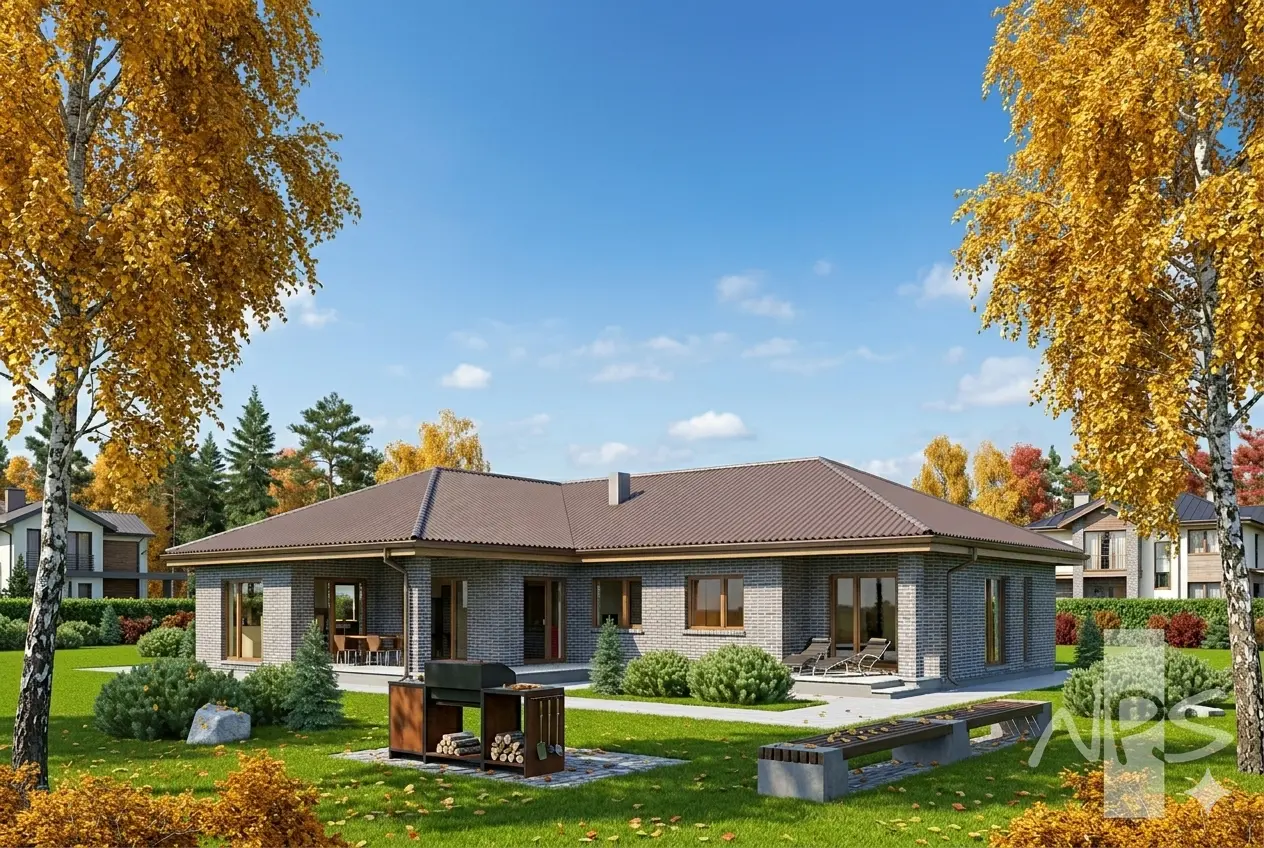 Proiect de casa parter 186 m²: 3 Dormitoare, Birou, 2 Bai, Bucatarie deschisa, fara Garaj